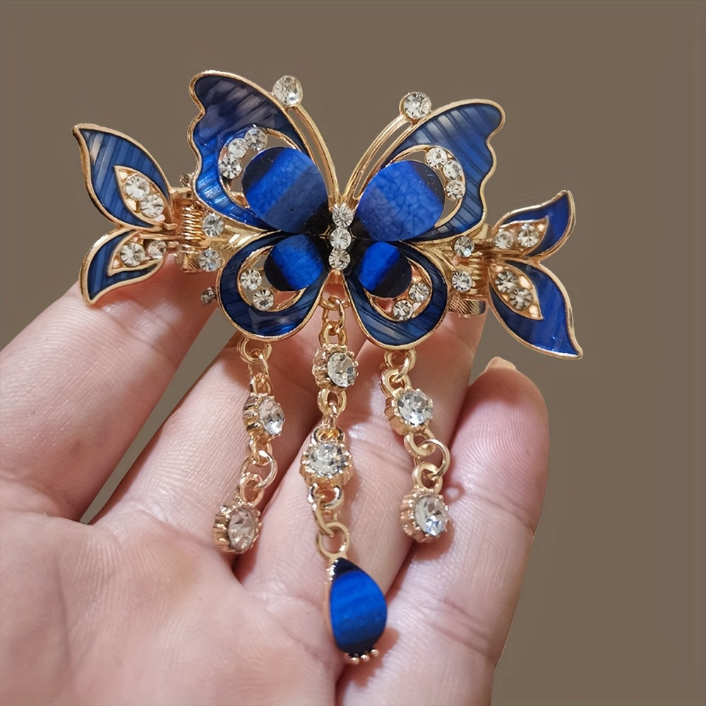 3pcs Butterfly Tassel Rhinestone Hair Clip Vintage Boho Ponytail Tie Headband, Rhinestone Backcombing Sparkling Rhinestone Hair Accessory Elegant Hairpin