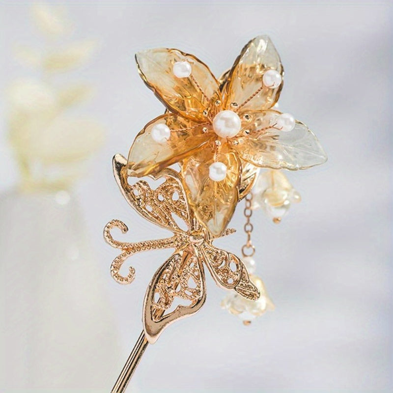 1pc Handmade Resin Golden Autumn Leaves Hairpin - Hanfu Style Retro Flower Hair Clip with 4-Section Leaf Design, -like Beads & Delicate Branches for Women's Long Hair Accessories, Vintage Hairpin for Cosplay, Weddings, Themed Events (Durable & Elegant),