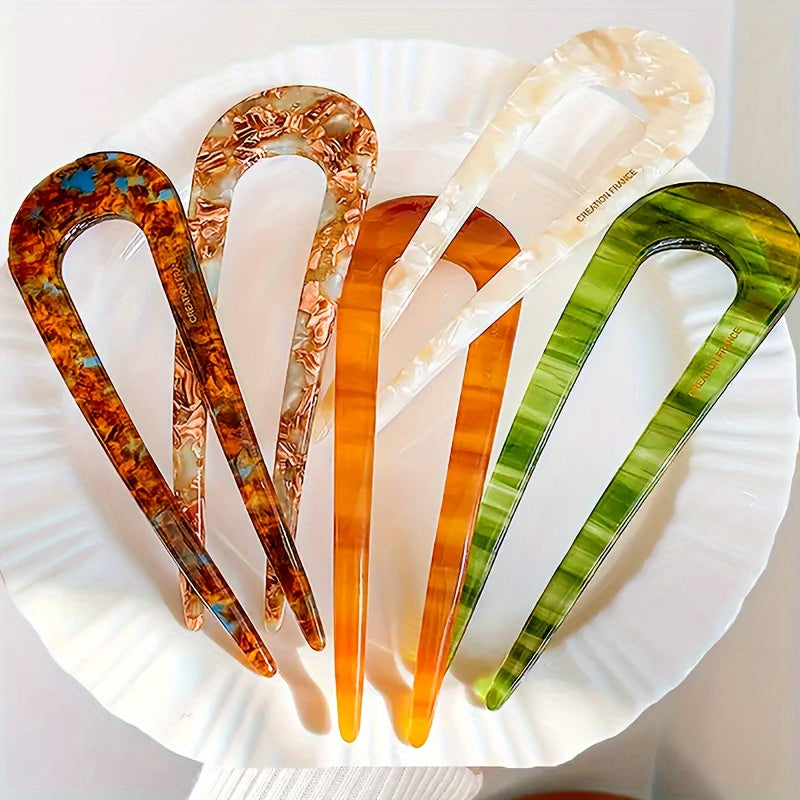 3pcs, Vintage Style Women's Retro Acetate Fiber U-Shaped Hair Fork Pins Barrettes For Normal & Curly Hair - 5 Colors
